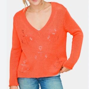 Wooden Ships Orange Mariner Anchor Cutout Open Knit V-Neck Pullover Sweater